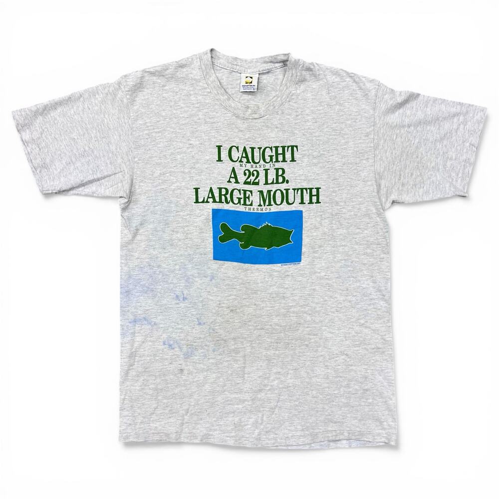 Vintage 90s Funny 22 lb Large Mouth Bass Fishing T Shirt USA Made Gray XL